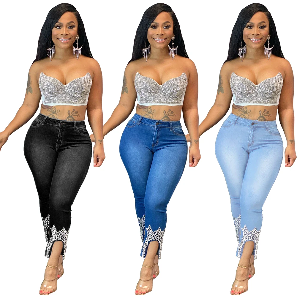 2021 new arrivals 3D pin bead crown decorating jeans women denim pants plus size women jeans
