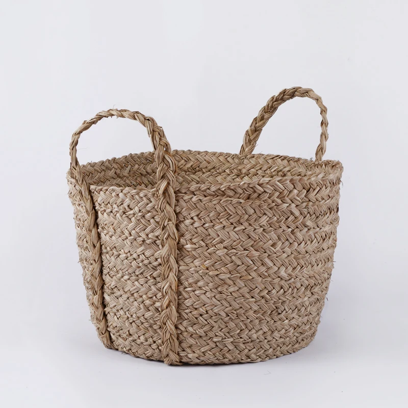 Woven Corn Husk Maize Seagrass Straw Banana Leaf Maize Bathroom Toy Laundry Bin Foldable Big Belly Storage Basket With Handles