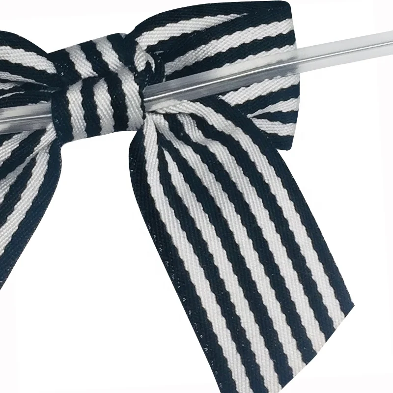 Wholesale Black and White Stripe Grosgrain Ribbon Bow With Wire Twist