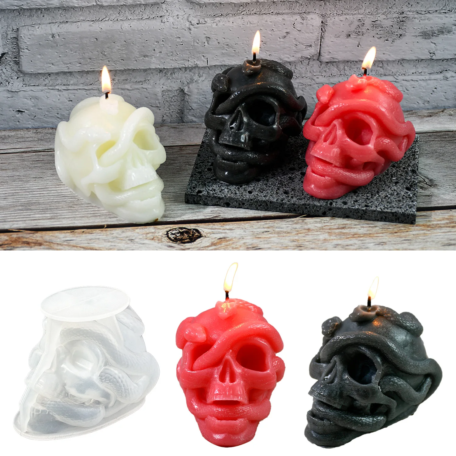 diy drop glue mold Halloween double snake skull silicone mold plaster candle ornaments mold