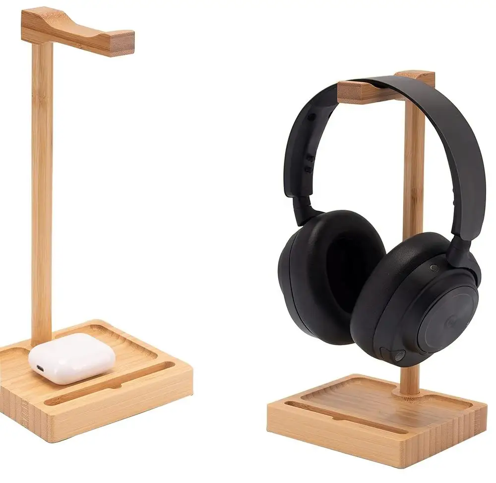 Universal Wood Headphone Stand Bamboo Wooden Headset Holder Ear Phone Hanger with Cell Phone Holder Slot