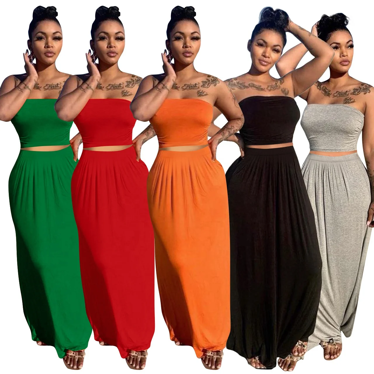 
Summer set 2021 women custom tube top and long plus size dress solid casual two piece sets 