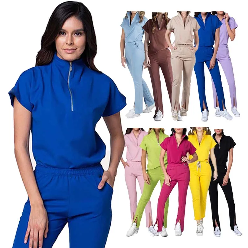 CUSTOM LOGO beauty salon dental clinic 72% polyester 21% rayon 7% spand Berry open leg medical zipper Victory nurse scrub set