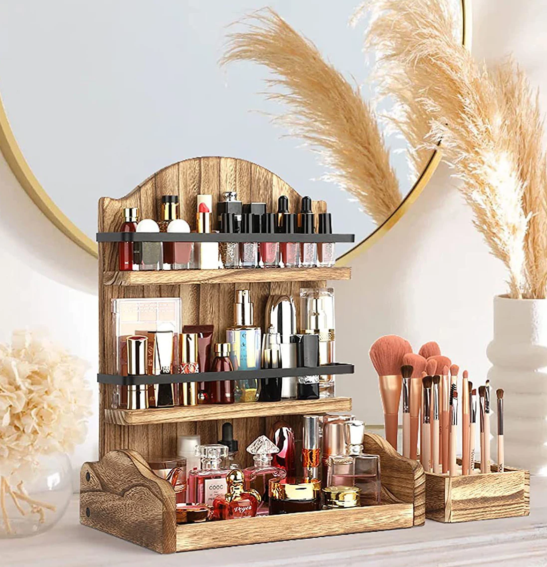 3 Layer Rustic Wooden Desk Makeup Organizer Cosmetic Organizer Storage Box