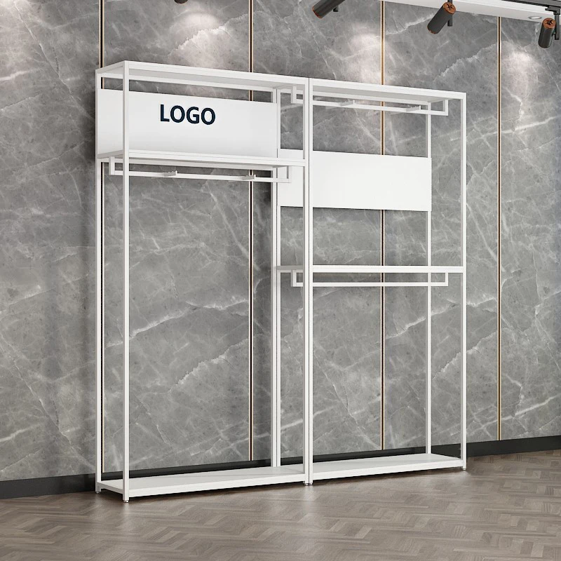 Custom LOGO Fashion Boutique White Metal Garment Display Stand Shoe Bag Shelves Retail Store Free Standing Clothing Display Rack