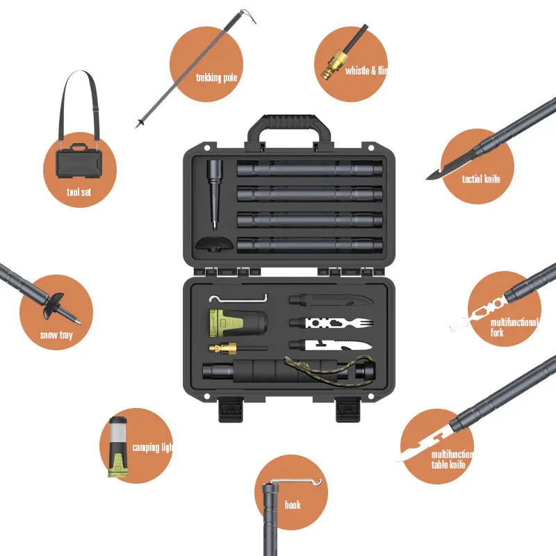 2023 Multifunctional Outdoor Camping Trekking Pole Kit Hiking Poles Foldable With Flashlight Set