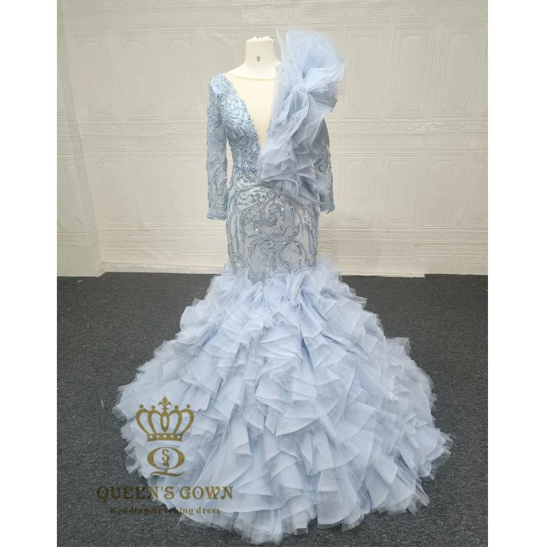QUEENSGOWN custom luxury light blue Mermaid dress long sleeves sex deep V-neck with delicate beaded lace ruffles mermaid gown