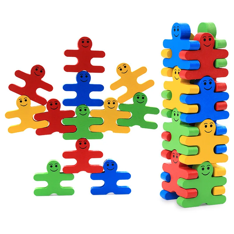 Custom 16PCS Wooden Balance Toy Smile Balance Beam Cartoon Balance Villain Building Blocks Game