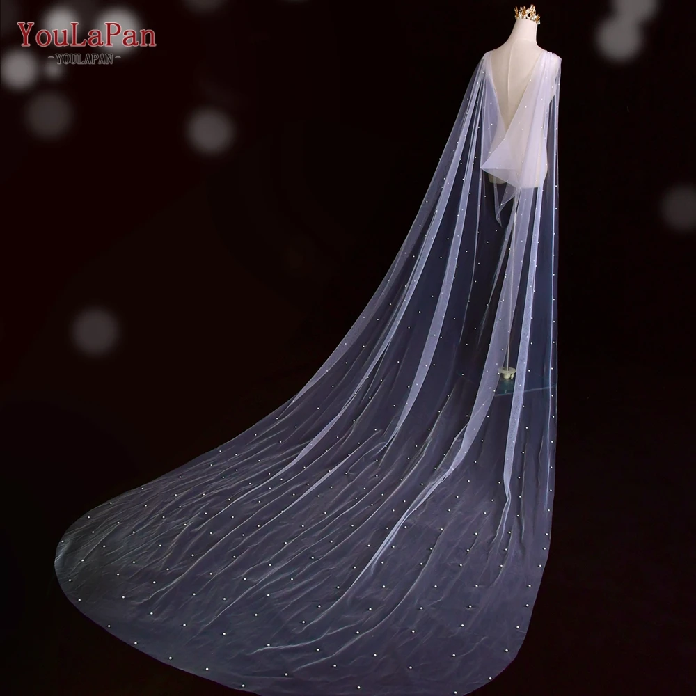 YouLaPan VG41-YP Women Summer Dress Shoulder Decoration Long Tulle Pearl Shawl Bridal Wedding Dress Detachable Floor Cape