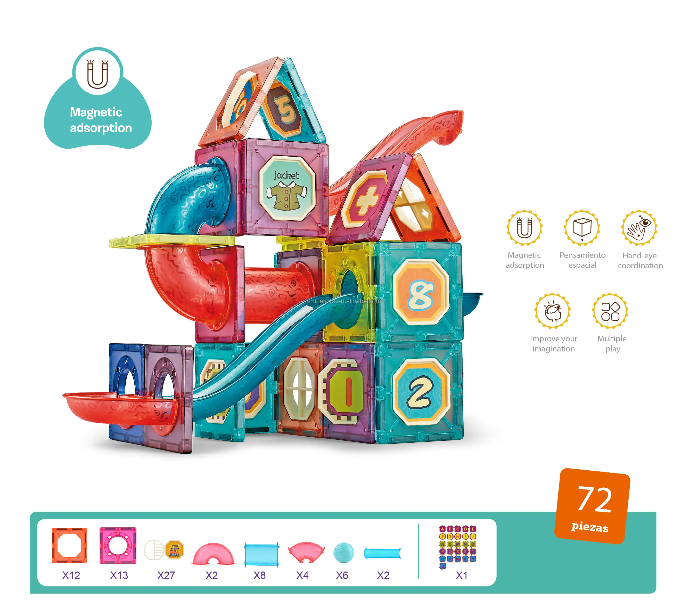 Educational toys for kids children 72 pieces creative colorful 3D magnetic tiles toys magnetic building blocks
