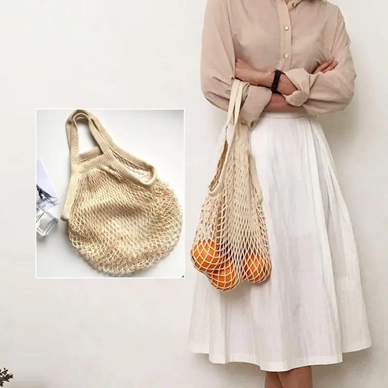 Hot Sell Reusable Shopping Eco Natural Organic Cotton Net Mesh Tote Bag For Fruit Vegetables