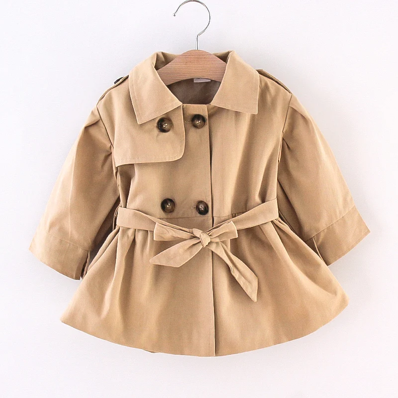 Winter Autumn Fashion Baby Girls Trench Coat Wind Jacket Turn down Collar Outerwear Long Sleeve design with cute bow waistband