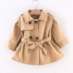 Winter Autumn Fashion Baby Girls Trench Coat Wind Jacket Turn down Collar Outerwear Long Sleeve design with cute bow waistband