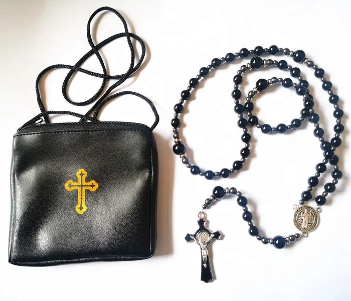 Religious Black Agate Beads St.benedict centerpiece Men rosarios catolicos
