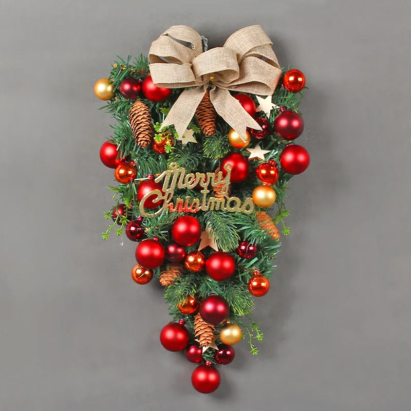 Christmas decorations Wreaths upside down tree hanging pieces Creative window scene arrangement Decorative bows door hanging