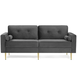 Modern hotel couch velvet cover grey 3 seater living room sofa with gold metal leg for flat small room apartment