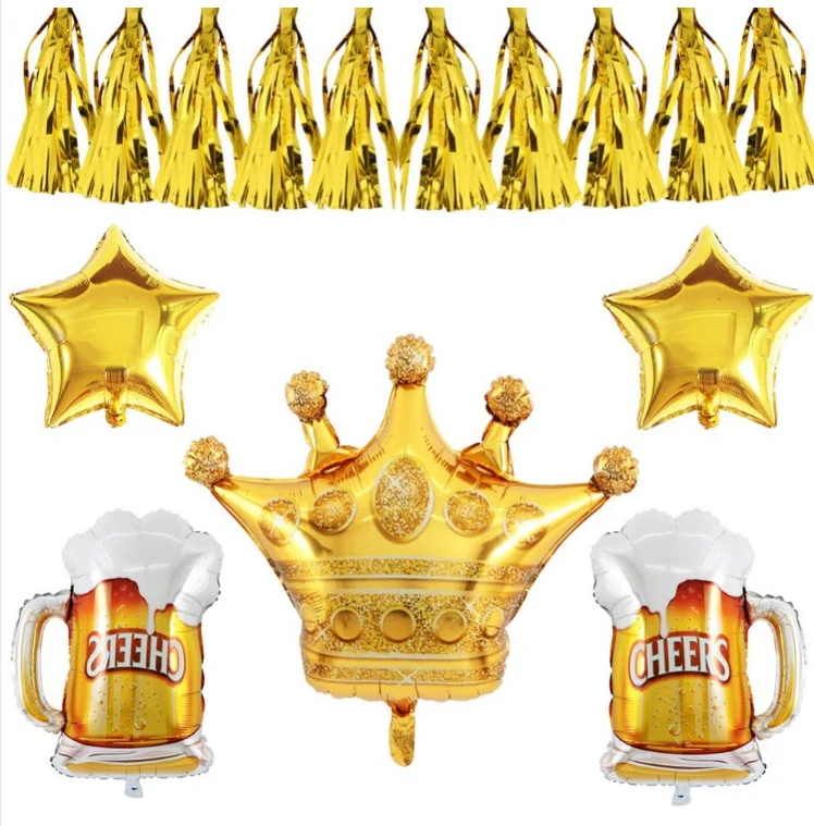 Party Decoration Foil Helium Balloons - Large Golden Crown/Cheers Beer/Star Mylar Balloons with Tassel Pendant for Birthday Wedd