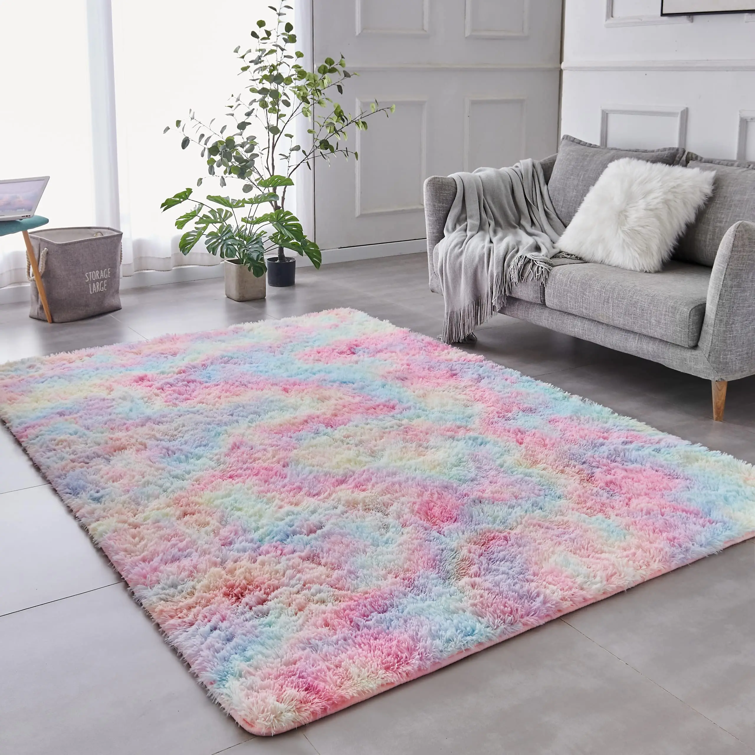 Custom Area Rugs for Living Room Home Decorative Fluffy Floor Carpet Mat Tie Dyed Light Grey Rug