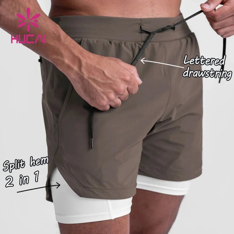custom logo Quick Dry Gym Jogging shorts Polyester Two Layers 2 in 1 Running Workout Gym Shorts For Men