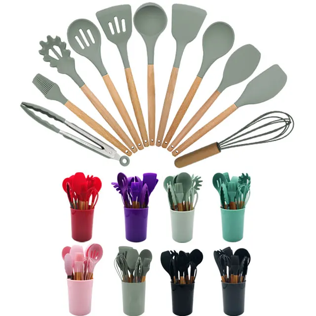 
Home and Kitchen Accessories 13 pcs Kitchen Utensils,Wooden Handles Non Toxic Silicone Cooking Spatula Set 