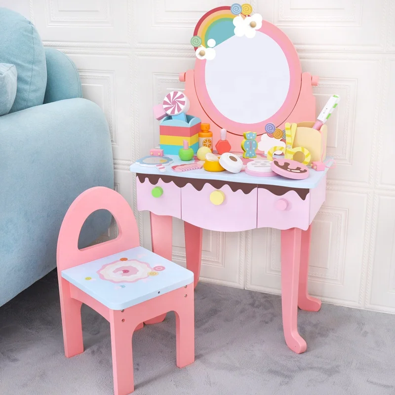DIY Creative toy multi-function Mirror Dresser Toy Wooden Pink Dressing Table casa de juguetes furniture toys for girls