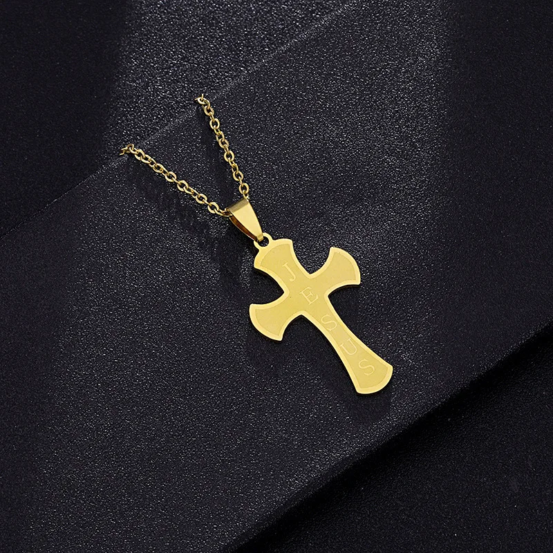 Christian Jesus Engraved 18K Gold Plated Stainless Steel Cross Pendant Charm Faith Based Necklaces Fashion Jewelry Wholesale