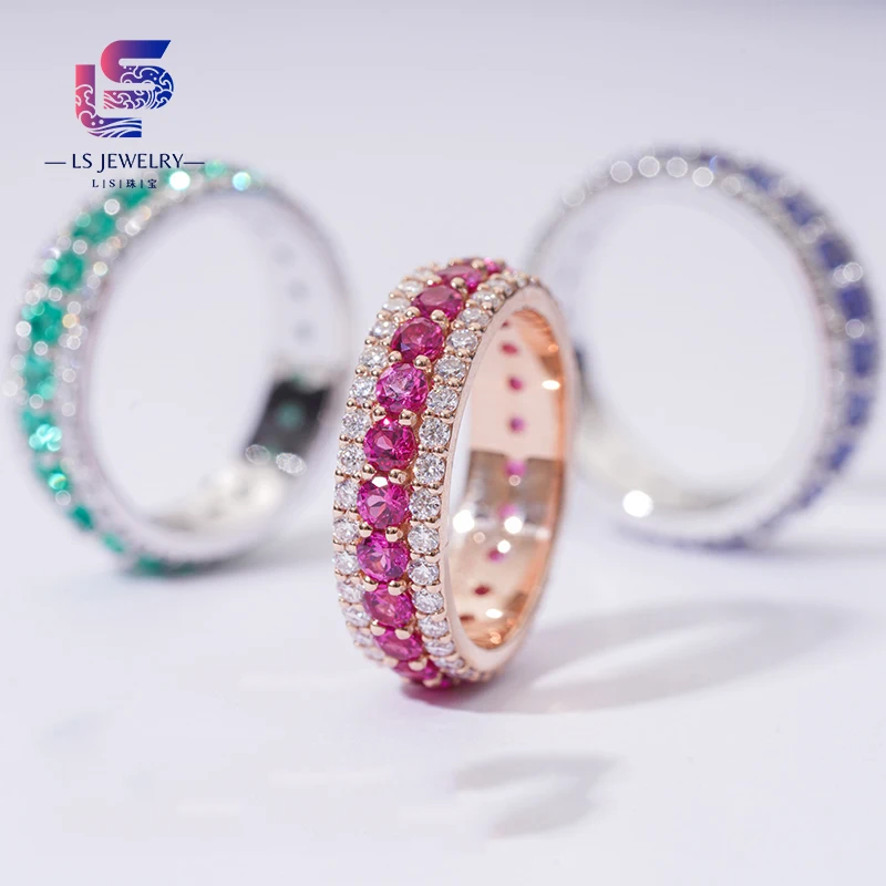 Colorful Diamond Wedding Band Jewelry Red Ruby Sapphire Gemstone 14k Solid Gold Wedding Ring