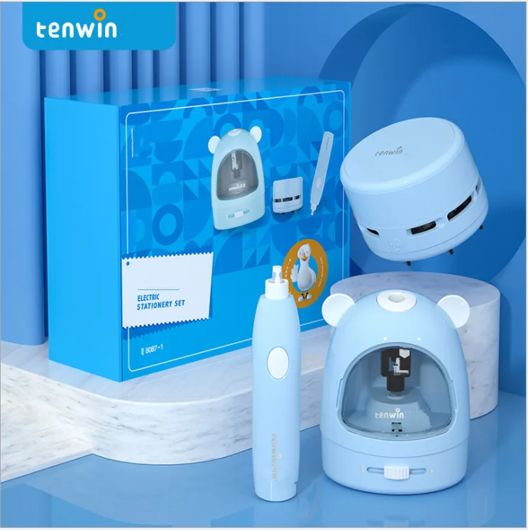 Tenwin 8087 Electric Stationery set children gift box set Pencil Sharpener Desktop vacuum cleaner Eraser blue