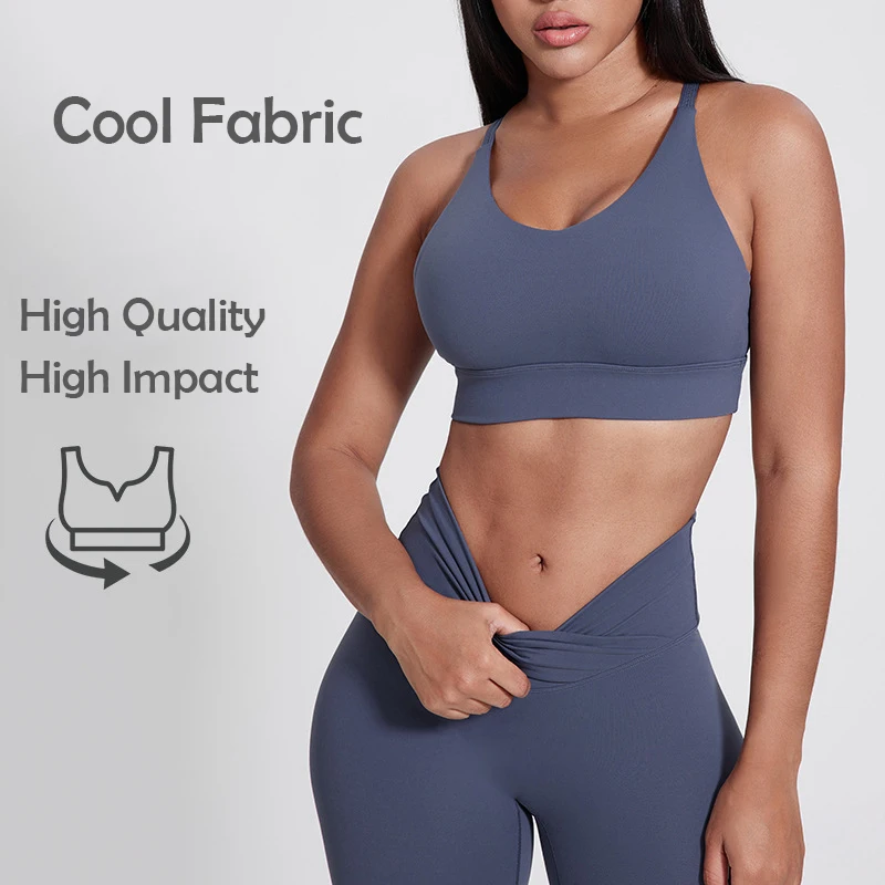 Wholesale High Support V Neck Yoga Sport Bra Top Fitness High Quality Women Gym Wear Running Workout Crossover Sports Bra