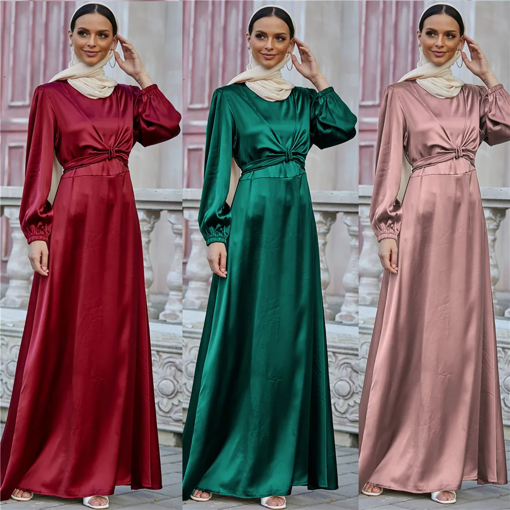 LangChi EID Modest Wear Satin Abaya Dress Muslim Women Solid Color Wrap Dress