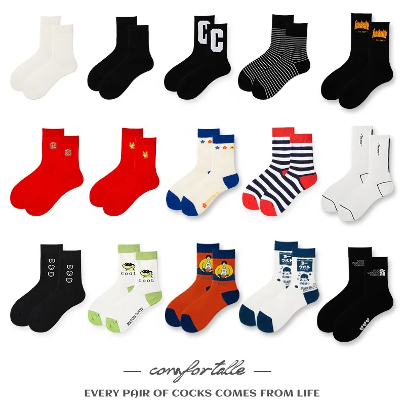 Wholesale Design Cotton Mens Streetwear Crew Socks Patterned Custom Logo Men Anti-Bacterial Crew Socks