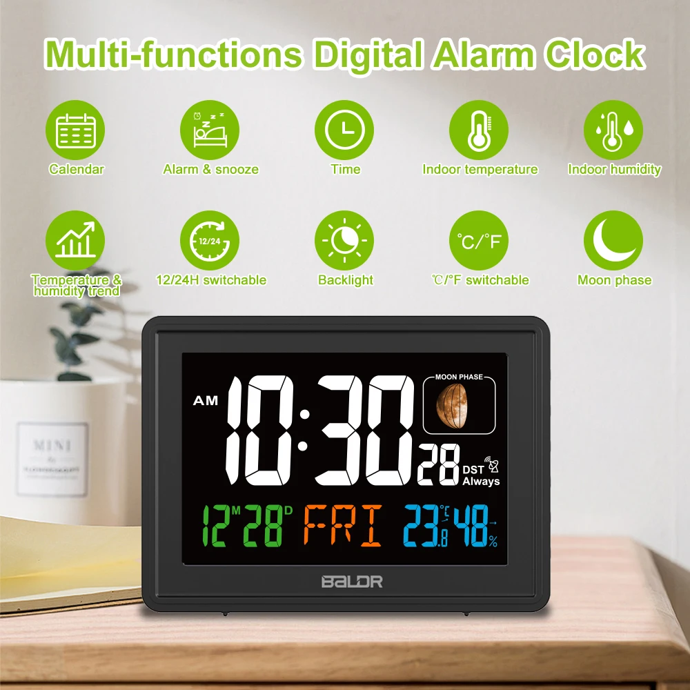 BALDR Digital Clock Radio Controlled Temperature and Humidity Function Room Clock with Moon Phase Alarm Clock