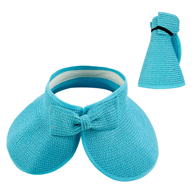 Stock Women Portable Casual Paper Straw Visor Cap Sun Beach Wide Brim Hat Airtop Visor Foldable Straw Hats