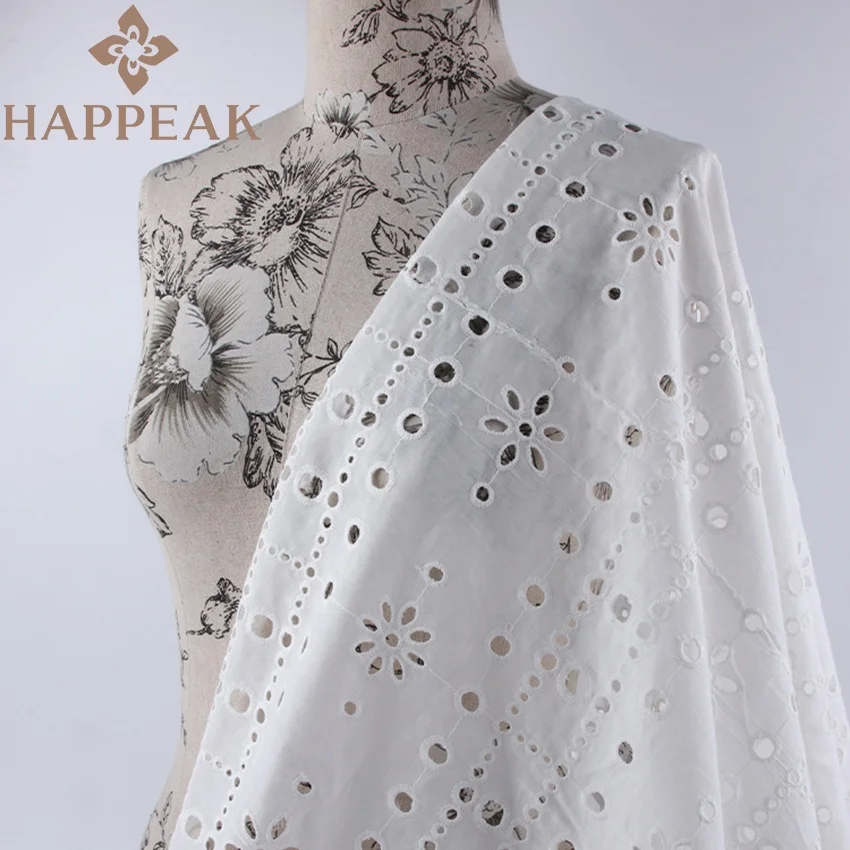 HAPPEAK Hot Sales Dark Blue Embroidered Fabric Hollow Eyelet White Embroidery 100% Cotton Fabric For Clothing