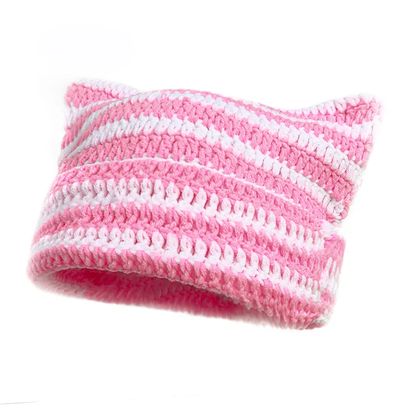 Custom Devil Striped Beanie Hat Knitted Wool Cap Cute Cat Ears Horn Knitted Hat Fall Slouchy Beanies