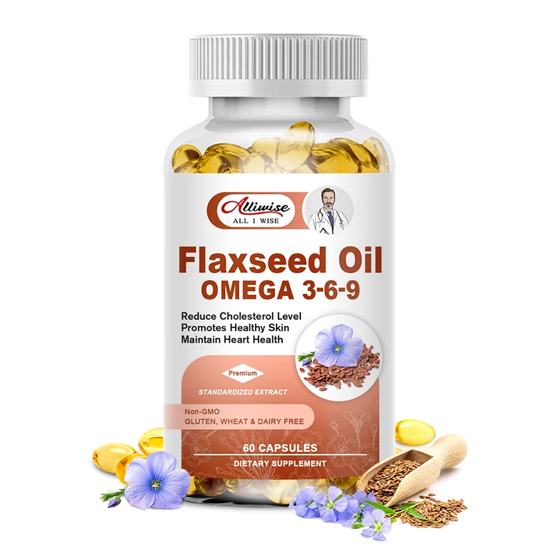 Alliwise OEM 60pcs Flaxseed Oil Softgel Capsules Omega 3 6 9 Fish Oil with Linolenic Aicd Oleic Acid Dietary Supplement