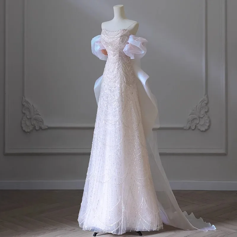 ZX-2029 High Quality One-shoulder Pearl Beaded Lace Wedding Dress Sequin Bridal Engagement Evening Dress With Detachable Train