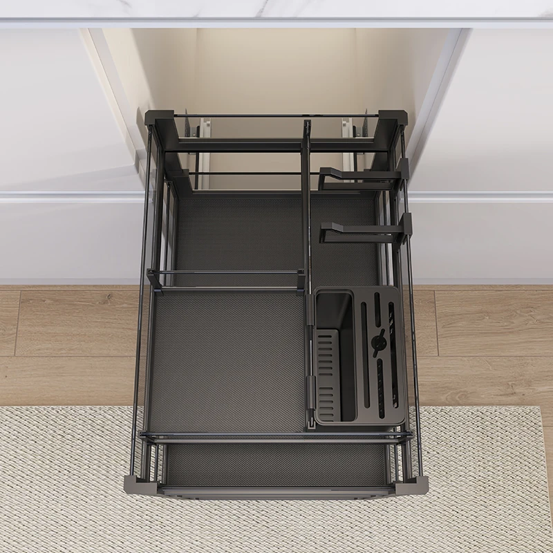 200mm side pullout kitchen stainless steel pull out drawer wire storage basket with cutlery tray