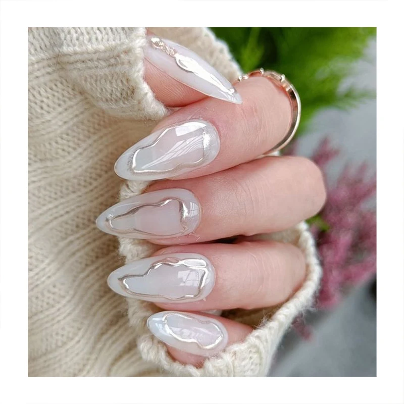 New Technology Private Label 24Pcs Chrome Long Almond False Nails Press On Designed Pink Handmade French Gel Press On Nails