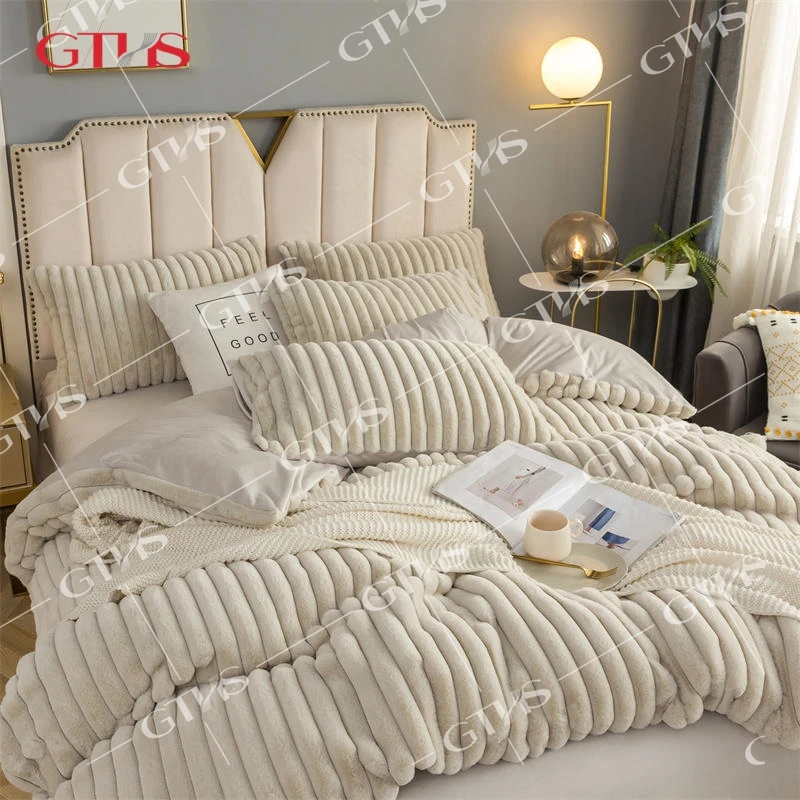 Custom Striped Winter Long Plush Bedding Set Fluffy Faux Fur Shaggy Duvet Cover Flat Bed Sheet Set