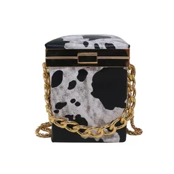 women crossbody square box shape thick chain leopard cow leather zebra animal print bag with metal chain