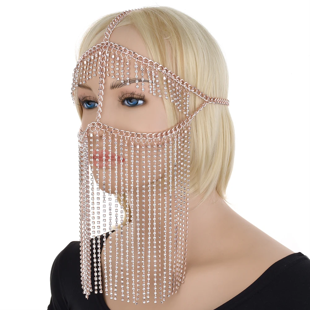 2022 Fashion New Rhinestone Full Face Mask Belly Dance Diamond Tassel Mask Face Jewelry