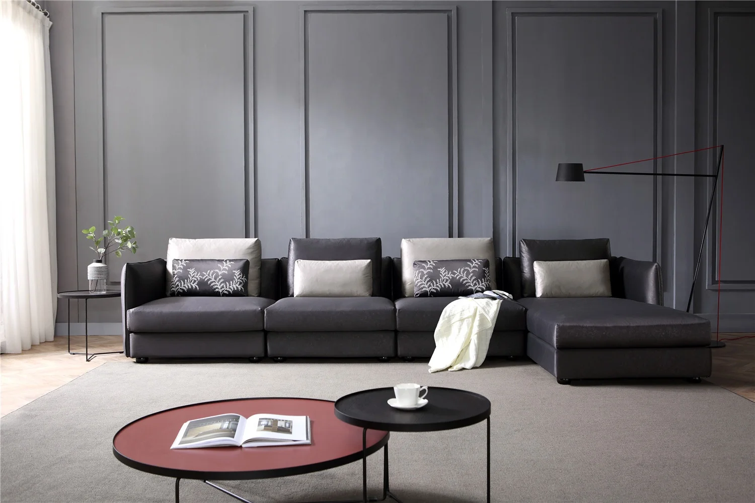 Customize indoor furniture modern design l shape black corner sofa set