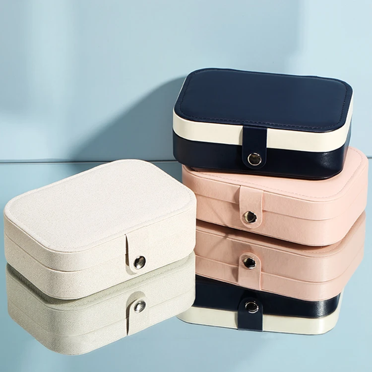 Elegant Style Textured Pu Leather High End Simple White Navy Blue Pink Button Jewelry Box Small Bag For Earring Ring