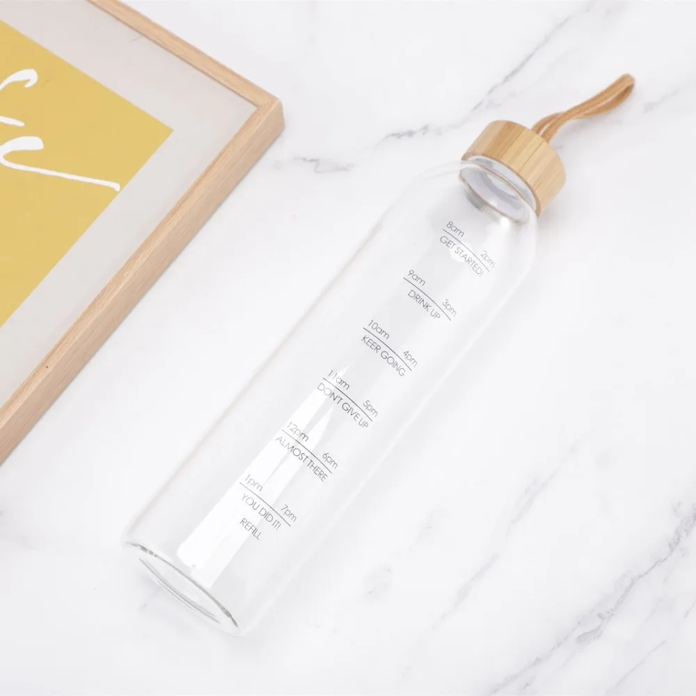 WholesaleTransparent glassware 580ml Borosilicate GlassTime Marker Water Bottle Glass with Bamboo Lid