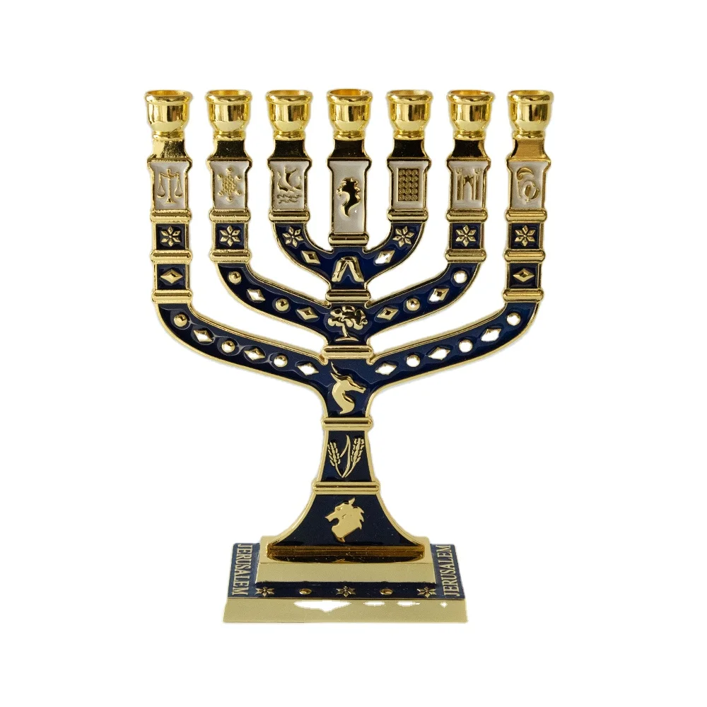 Menorah 28 см * 20 5 7 ветвей синяя большая латунная эмаль позолоченная племена Израиля jerusora