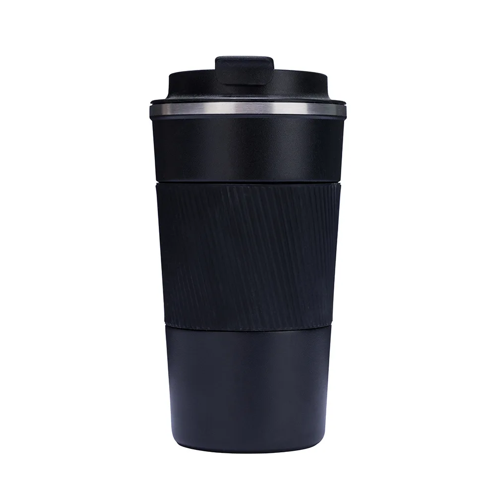 Seaygift customized stainless steel black thermos coffee mugs logo print double walled tumblers mug with silicone sleeve