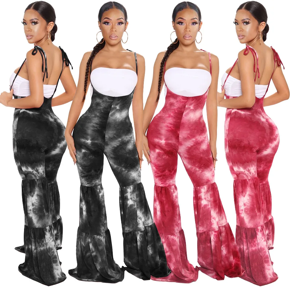 
2021 Sexy ladies cheap loose floor length flare pant one piece bell bottom jumpsuit tie dye pants women 