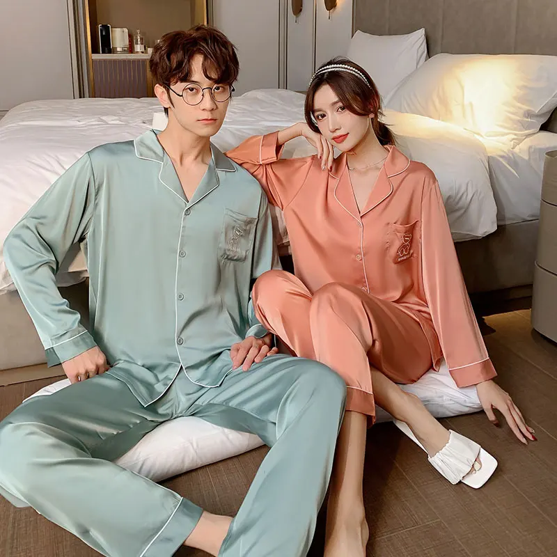 Plus size wonder adult woman womens mens satin ice silk sleepwear sleeping wears ladies couple pajamas sets 2 piece loungewear