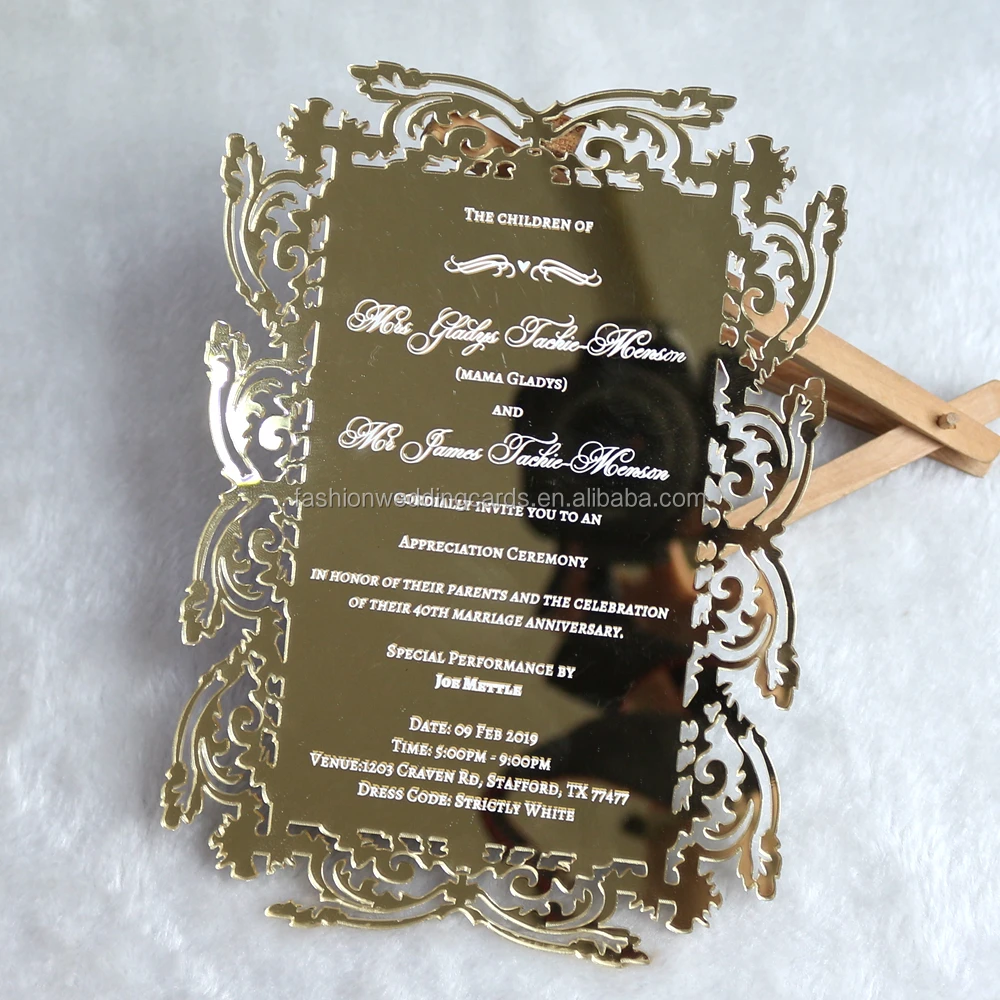 New designs Custom Gold Mirror laser cut Acrylic Wedding Invitations with hot stamp text birthday invitation cards menu cards